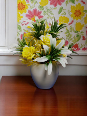 oms Yellow, White Rose Artificial Flower  with Pot(22 cm, Pack of 1, Flower with Basket)