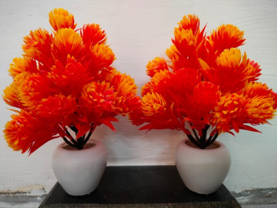 Arsh Traders Orange Wild Flower Artificial Flower  with Pot(8 inch, Pack of 2, Flower Bunch)