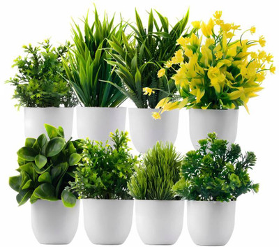 Ryme Set Of 8 Artificial Plants With Pot/Vase For Home Decoration Bonsai Wild Artificial Plant  with Pot(14 cm, Green)