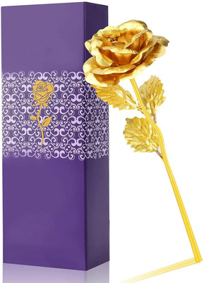 LEOPAX Luxury Artificial Forever Rose with Purple Box Gold Rose Artificial Flower(9.5 inch, Pack of 1, Single Flower)