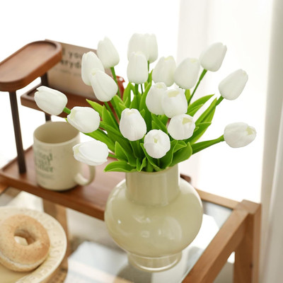 ALIZA Artificial Tulip Flowers Bunch for Home Decor / office . Livingroom . bedroom White Tulips Artificial Flower(34 cm, Pack of 5, Single Flower)