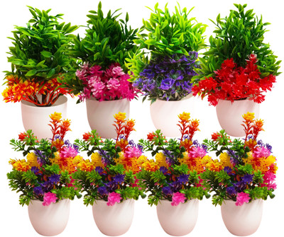 Dekorly Artificial Plants for Home Office Decor, BedroomLiving Room, Tabletop Desk Décor Multicolor Eucalyptus Artificial Flower with Pot(6.6 inch, Pack of 8, Single Flower)