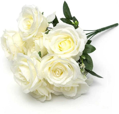 sunever Artificial White Rose Flowers Bunches for Vase (7 Heads, Flower Pack Of 1) White Rose Artificial Flower(12 inch, Pack of 1, Flower Bunch)