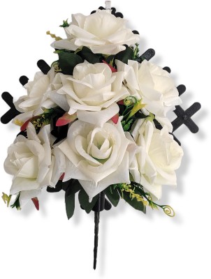 abhay flowers anf fashion Wall Hanging Flower Bunch With Vase White Rose Artificial Flower  with Pot(10 inch, Pack of 1, Flower Bunch)