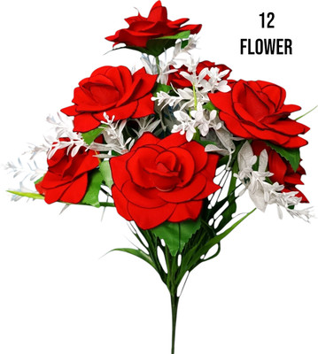 oms Red Rose Artificial Flower(42 cm, Pack of 12, Flower Bunch)