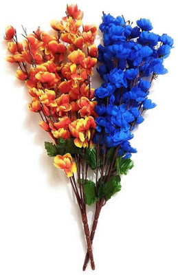 vrct Artificial Blossoms Flower Bunch (7stick Orange Blue 2piece) Blue, Orange Cherry Blossom Artificial Flower(56 cm, Pack of 2, Flower Bunch)