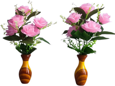 YugAura Artificial Pink Flowers with Wooden Look Designer Vase | Home Office Decoration Pink Rose Artificial Flower  with Pot(12 cm, Pack of 2, Flower Bunch)