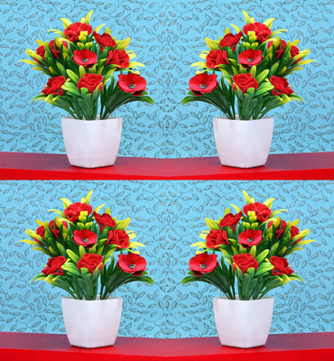 NERAPI Set of 4 Unique Wild Looking Bonsai Red Rose Flower Perfect Decorative Piece| Red Wild Flower Artificial Flower  with Pot(15 cm, Pack of 4, Flower with Basket)