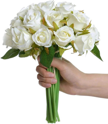 TIED RIBBONS Decorative Artificial Rose Flowers Bouquet for Vase Pot Home Decorations White Rose Artificial Flower(9.4 cm, Pack of 12, Flower Bunch)