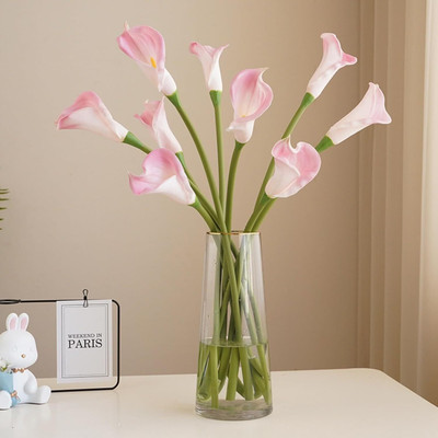 Ikko Artificial Calla Lily Flowers, 9 Stems, Real Touch Soft PU, Home & Diwali Decor White, Pink Callalily Artificial Flower(34 cm, Pack of 9, Flower Bunch)