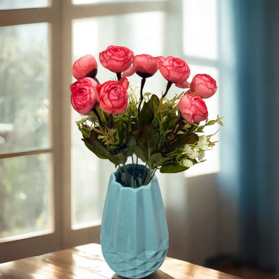 Siyara Creations Artificial Flower Bunch for Home Table Vase Décor (Small Pot, 1 Pc) Pink, White Camellia Rose Artificial Flower(35 cm, Pack of 1, Flower Bunch)
