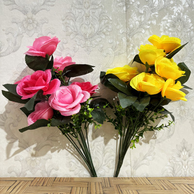 Whandly Artificial Pink & Yellow flower Bunch for Vase for home & Office decor Pink, Yellow Rose Artificial Flower(12 cm, Pack of 1, Flower Bunch)