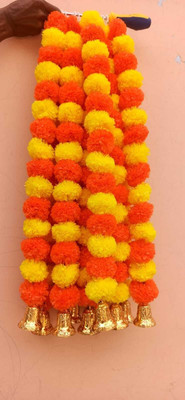 WDecor Marigold Artificial Flowers Door Hangings with Golden Bells Yellow, Orange Marigold Artificial Flower(28 cm, Pack of 10, Garlands)