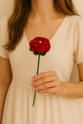 Clapjoy Clapjoy Handcrafted Crochet Red Rose with Stem and Leaves for Home Decor Red Rose Artificial Flower(21 cm, Pack of 1, Single Flower)