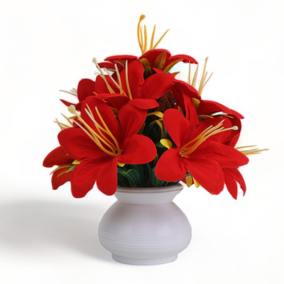 KanRaj artificial flowers for decoration, red Red Lily Artificial Flower  with Pot(15 cm, Pack of 1, Flower with Basket)