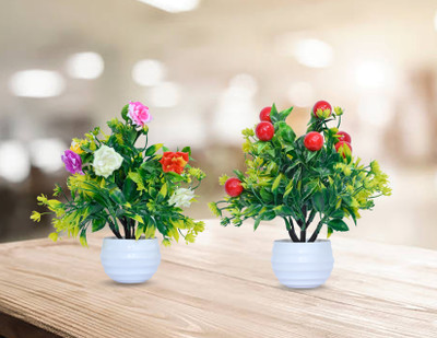 RisEmpire Artificial flower Plant For Home/Office Table Decoration or Gift ( Pack of 2) Red Cherry, Rose Artificial Flower  with Pot(7.2 inch, Pack of 2, Single Flower)