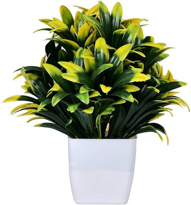 Ukv collection long leaf atificial flower Green Wild Flower Artificial Flower  with Pot(12 cm, Pack of 1, Flower with Basket)