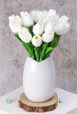 Satyam Kraft 10 Pcs Artificial Rubber Tulip Rose Flower Sticks for Home Decoration and Craft White Tulips Artificial Flower(13.2 inch, Pack of 10, Flower Bunch)