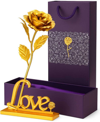 LoveGift Golden Rose with LOVE Stand | Love Gift for Girlfriend, Wife Gold Rose Artificial Flower(25 cm, Pack of 1, Single Flower)