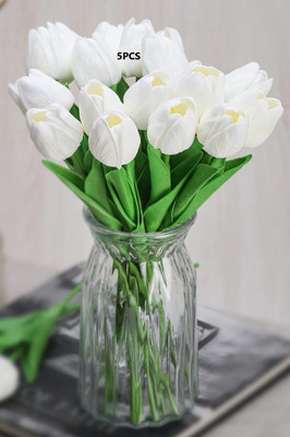 TRUJVE 5Pc Artificial Tulip Flowers Bunches For Vase Home Decoration For Living Room White Tulips Artificial Flower(30 cm, Pack of 5, Flower Bunch)