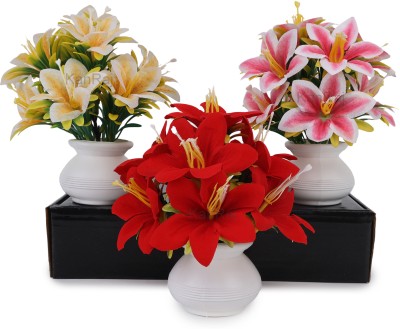 KanRaj Decorative Plants Artificial Flowers with Pot Multicolor Lily Artificial Flower  with Pot(6 inch, Pack of 3, Flower with Basket)