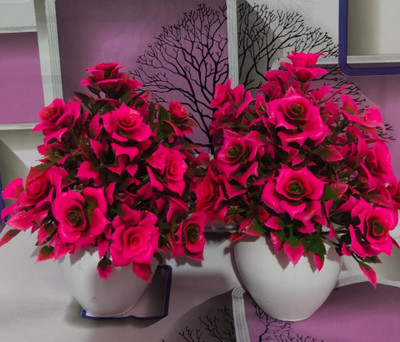 abhi Pink Rose Artificial Flower  with Pot(12 cm, Pack of 2, Flower Bunch)