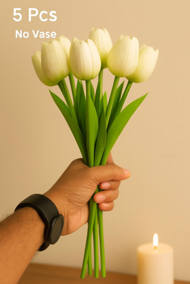 GalaxyGlow 5 Pcs White Tulip Flowers for Home, Wedding, Table & Office Decoration White Tulips Artificial Flower(32 cm, Pack of 5, Flower Bunch)