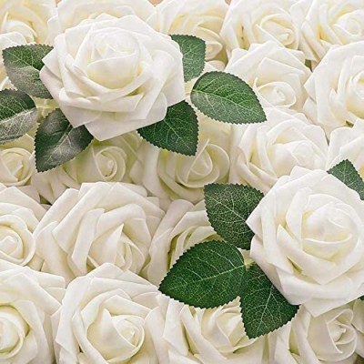 XERGY Artificial Flowers 25pcs Real Looking White Silk Fake Roses with Stems for DIY White Rose Artificial Flower(8 inch, Pack of 25, Flower Bunch)