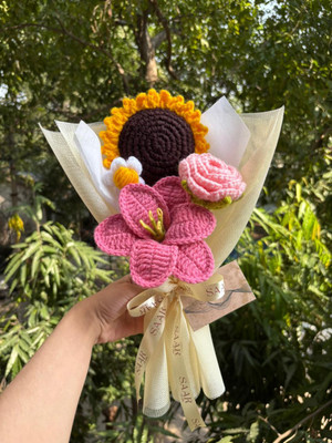 SAARforyou Crochet Bouquet Multicolor Lily, Rose, Sunflower Artificial Flower(30 cm, Pack of 1, Flower with Basket)