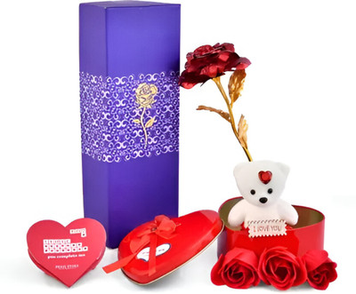 LoveGift Red Golden Rose with Heart Shape Gift Box | Valentine Day Gift Gold Rose Artificial Flower(25 cm, Pack of 1, Single Flower)