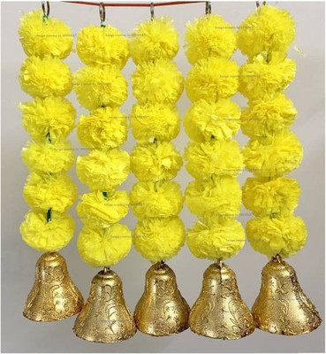 WDecor 2.5 FEET OR 28 INCHES LONG DARK YELLOW ARTIFICIAL FLOWER GARLAND WITH BELL Yellow Marigold Artificial Flower(28 cm, Pack of 5, Garlands)