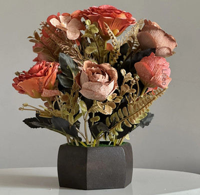 Litleo Wooden Pot with Multi-Design Dry Perfect Home Office Gift, Elegant Décor Delight Brown, Orange Rose Artificial Flower  with Pot(26 cm, Pack of 1, Flower with Basket)