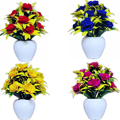 HOF DECO Multicolor Rose Artificial Flower  with Pot(8 cm, Pack of 4, Flower with Basket)
