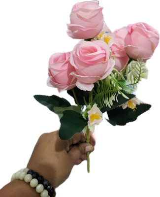 Adwitiya Pink Rose Artificial Flower(30 cm, Pack of 6, Flower Bunch)