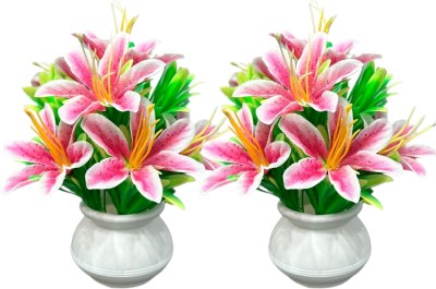 Litleo set of 2 Great for home office Gift ,Art,Craft,Project, Pink Lily Artificial Flower  with Pot(16 cm, Pack of 2, Flower with Basket)