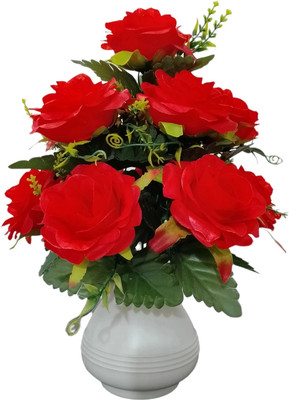 abhay flowers and fashion Best Wedding , Home Decorative Artificial Flower Red Camellia Rose Artificial Flower  with Pot(15 cm, Pack of 1, Flower with Basket)