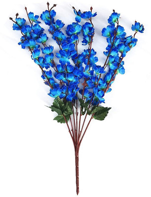 Daissy Raise Artificial Flowers 1 Piece Office Decor |Without VASE| (Blue) Blue Cherry Blossom Artificial Flower(25 cm, Pack of 7, Flower Bunch)