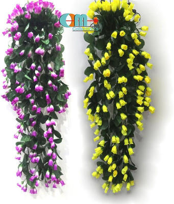 OM COLLECTIONS Artificial Creepers hanging flower Purple, Yellow Rose Artificial Flower  with Pot(34 cm, Pack of 3, Vine & Creepers)