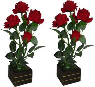 WhiteAsh Pack of 2 Red Rose Artificial Flower  with Pot(10 inch, Pack of 2, Flower with Basket)