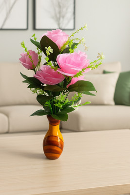 YugAura Artificial Pink Flowers with Wooden Look Designer Vase | Home Office Decoration Pink Rose Artificial Flower  with Pot(12 cm, Pack of 2, Flower Bunch)