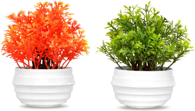 NERAPI MixUP 2 Piece Coriander Leaf Wild Grass Flower Plant | Orange, Green Wild Flower Artificial Flower  with Pot(5.5 inch, Pack of 2, Flower with Basket)