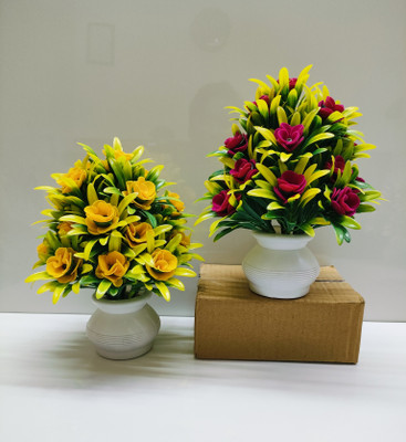 ADIRSA Faux Flower Plant for Home Office Decor Decorative Piece Rose Flower Set Pink, Yellow Wild Flower Artificial Flower  with Pot(7 inch, Pack of 2, Flower with Basket)