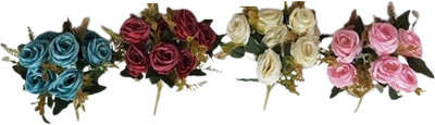 Green Plant indoor Flower bunch Multicolor Rose Artificial Flower(10 inch, Pack of 4, Flower Bunch)