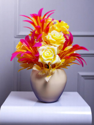 oms Artificial Rose Flower Pot Apple Shaped for Your Home Decoration Yellow, Pink Rose Artificial Flower  with Pot(22 cm, Pack of 1, Flower with Basket)