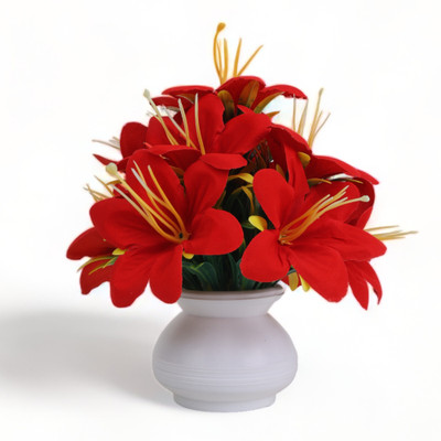 HOF DECO Red Lily Artificial Flower  with Pot(15 cm, Pack of 1, Flower with Basket)