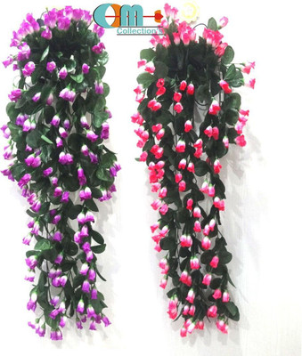 OM COLLECTIONS Artificial Creepers hanging flower Purple, Pink Rose Artificial Flower  with Pot(34 cm, Pack of 3, Vine & Creepers)