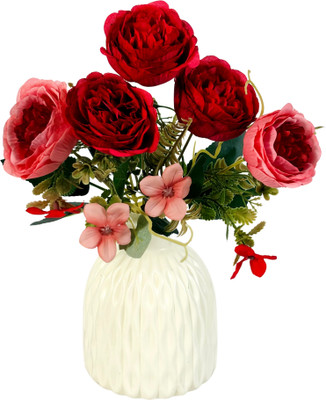 Dekorly Artificial Flower Home Décor Bouquet Tabletop Anniversary Valentine with Vase Red Peony, Rose, Tulips Artificial Flower  with Pot(33 cm, Pack of 1, Flower with Basket)