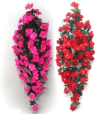Bloom Boom Artificial Moon Creepers hanging flower Pink, Red Daisy Artificial Flower  with Pot(32 cm, Pack of 2, Vine & Creepers)