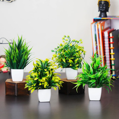 MODO Set of 4 Artificial Bonsai Plant with Pot for Home Decor Bonsai Wild Artificial Plant  with Pot(15 cm, Green)