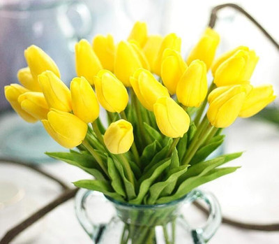 spaklearc artificial yellow tulip05 Yellow Tulips Artificial Flower(33 cm, Pack of 5, Flower Bunch)